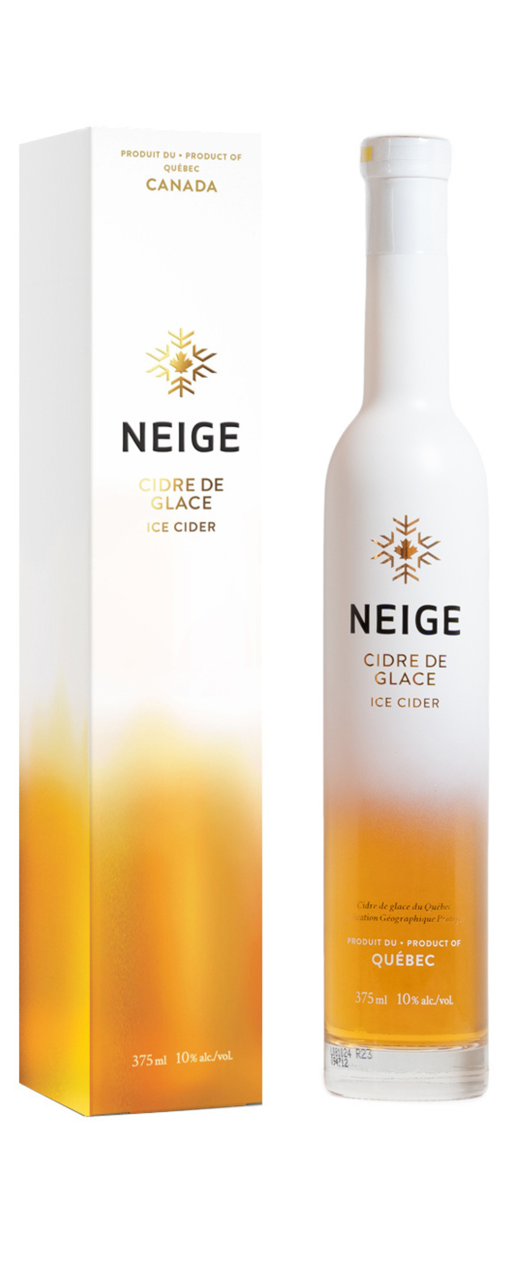 A bottle of Neige Cidre de Glace ice cider next to its white and orange gradient packaging box, featuring a gold sunburst logo and 'NEIGE' branding.