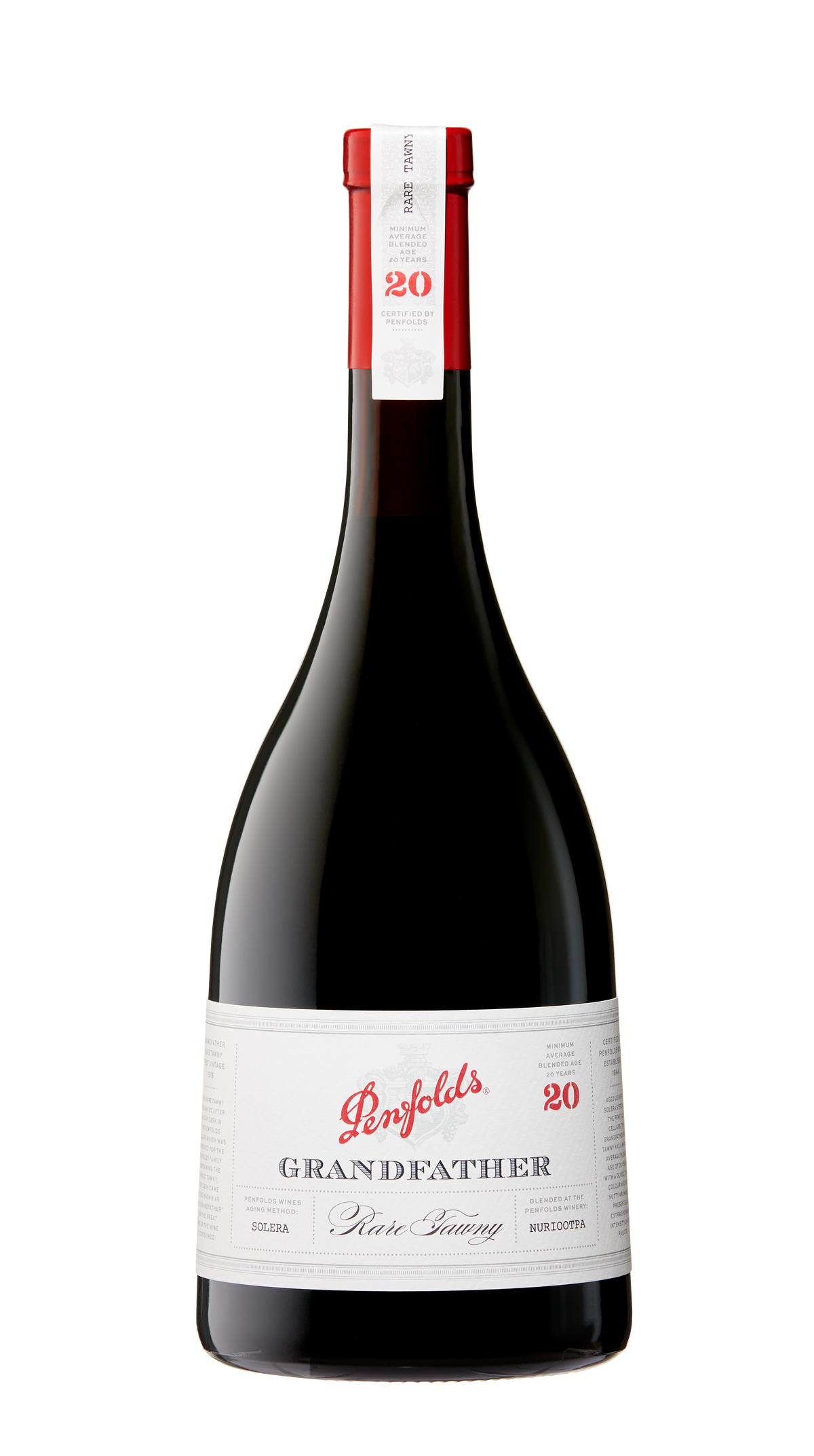A bottle of Penfolds Grandfather Rare Tawny 20 YO port wine, with a red label and white text on a dark background.