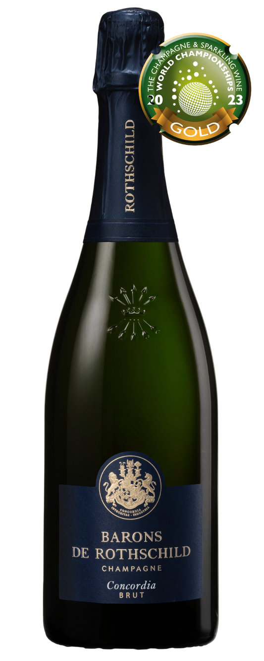 Bottle of Barons de Rothschild champagne with a gold medal label on a white background