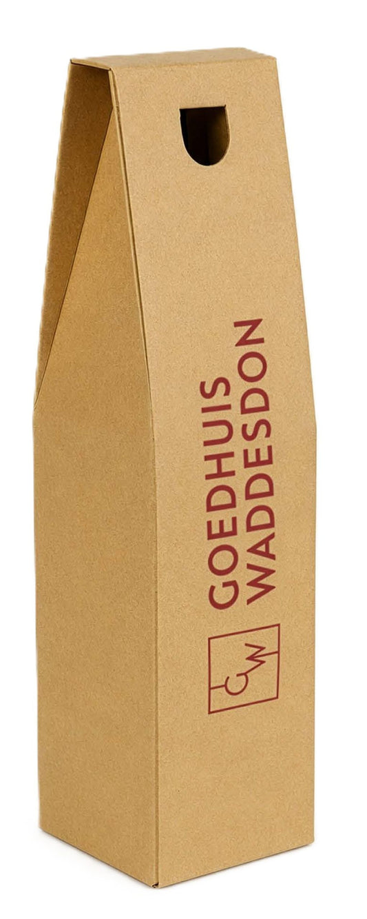 A brown kraft paper gift bag with a die-cut handle, featuring the text 'GOEDHUIS WADDESDON' printed vertically in dark red on the front, set against a plain white background.
