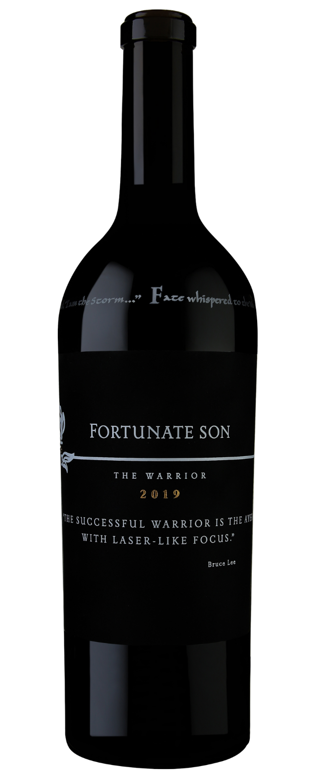 A bottle of Fortunate Son The Warrior 2019 wine with a dark label and minimalistic design.