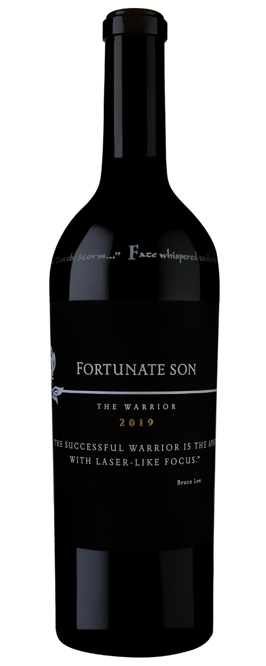 A bottle of Fortunate Son The Warrior 2019 wine with a dark label and minimalistic design.