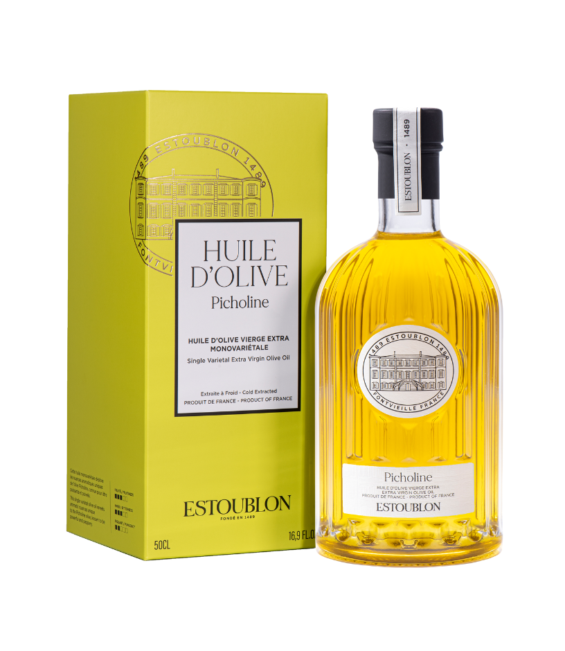 Bottle of Huile d'Olive Picholine with yellow packaging on a white background