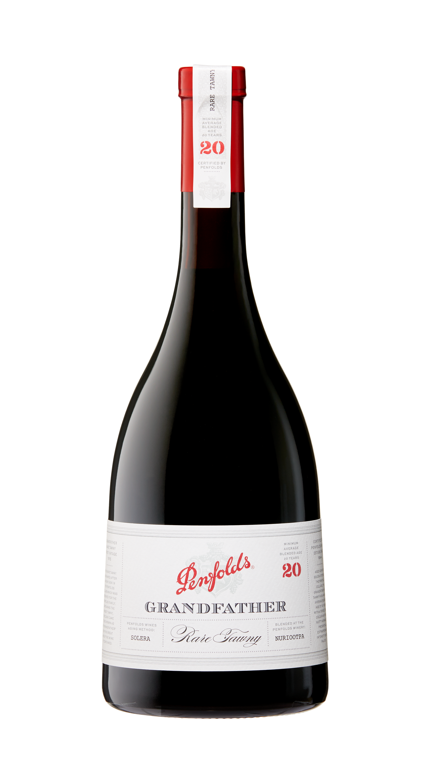 A bottle of Penfolds Grandfather Rare Tawny 20 YO port wine, with a red label and white text on a dark background.