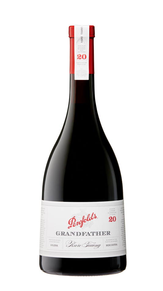 A bottle of Penfolds Grandfather Rare Tawny 20 YO port wine, with a red label and white text on a dark background.